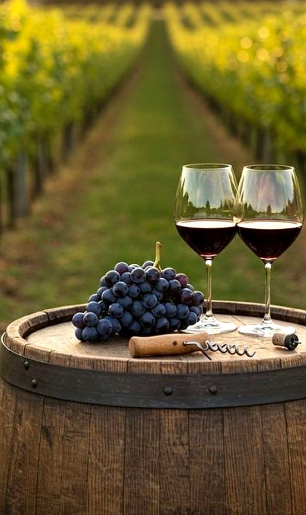 Calici di vino su una botte tra i filari