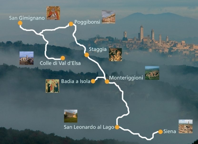 Mappa della via Francigena da San Gimignano a Siena